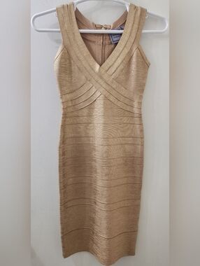 Herve Leger Metallic Gold Strapless Bandage Dress, Size Large.